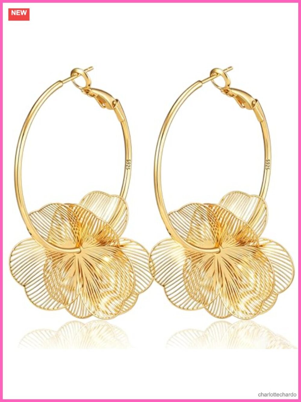 Gold Plated Flower Dangle Hoop Earrings Sterling Silver Floral Statement Jewelry
